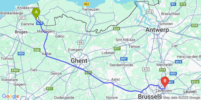 Map: Brussels Zaventem Airport (BRU) to Lapscheure