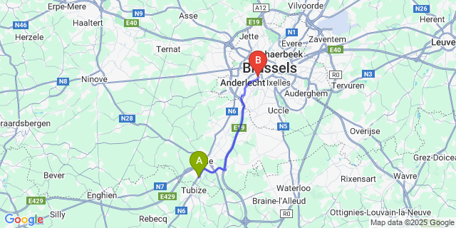 Map: Brussels Midi Train Station to Lembeek