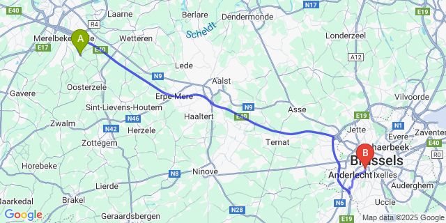 Map: Brussels Midi Train Station to Lemberge