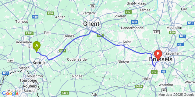 Map: Brussels Midi Train Station to Lendelede