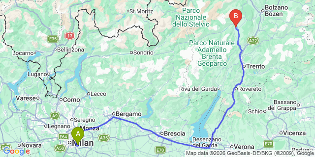 Map: Milan Linate Airport (LIN) to Cles