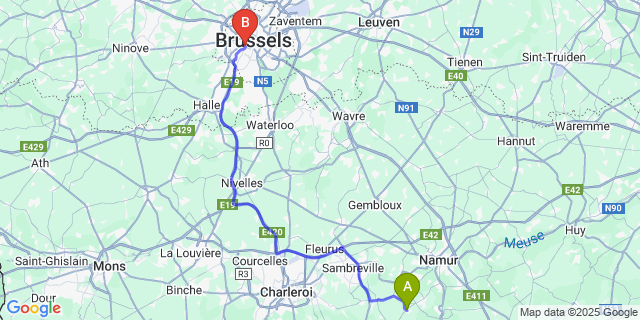 Map: Brussels Midi Train Station to Lesve