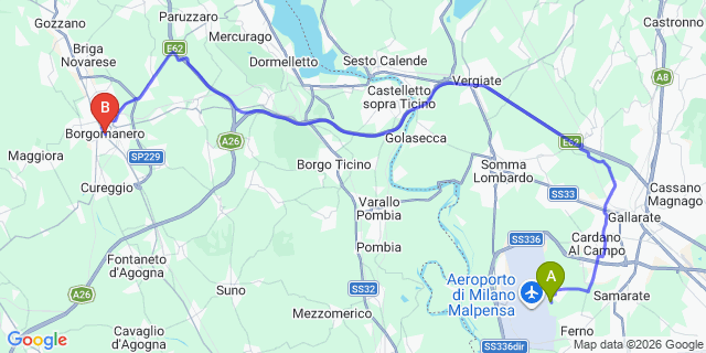 Map: Milan Malpensa Airport (MXP) to Borgomanero