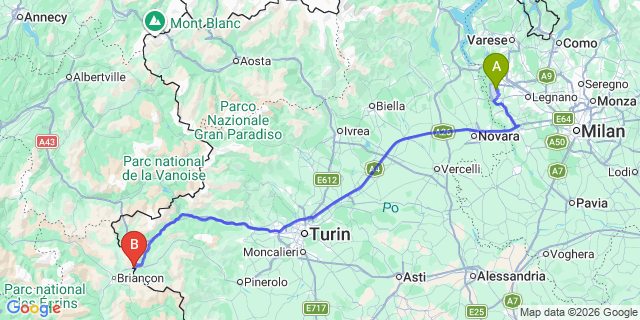 Map: Milan Malpensa Airport (MXP) to Claviere