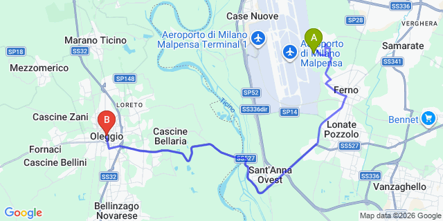Map: Milan Malpensa Airport (MXP) to Oleggio