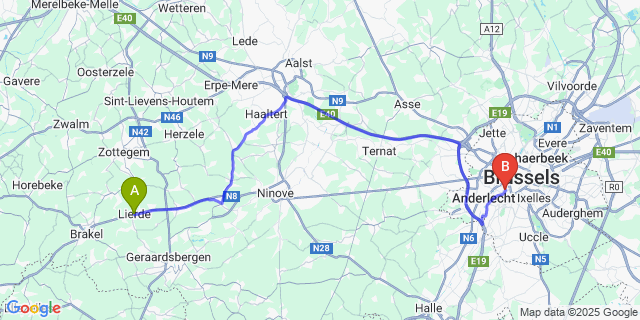 Map: Brussels Midi Train Station to Lierde