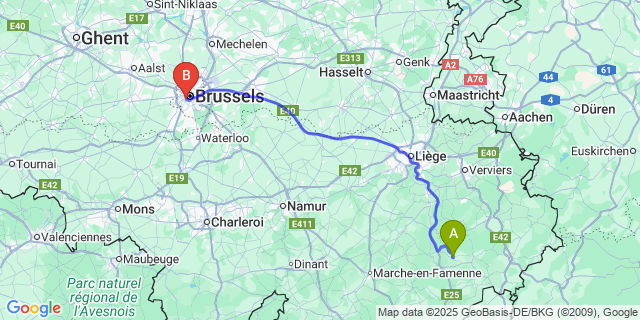 Map: Brussels Midi Train Station to Lierneux