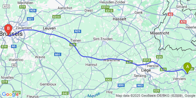 Map: Brussels Midi Train Station to Limbourg