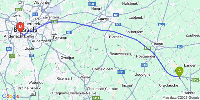 Map: Brussels Midi Train Station to Lincent