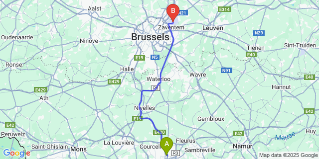 Map: Brussels Zaventem Airport (BRU) to Lodelinsart