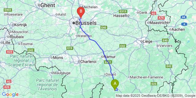 Map: Brussels Zaventem Airport (BRU) to Lomprez