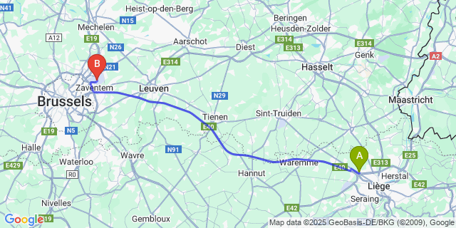 Map: Brussels Zaventem Airport (BRU) to Loncin