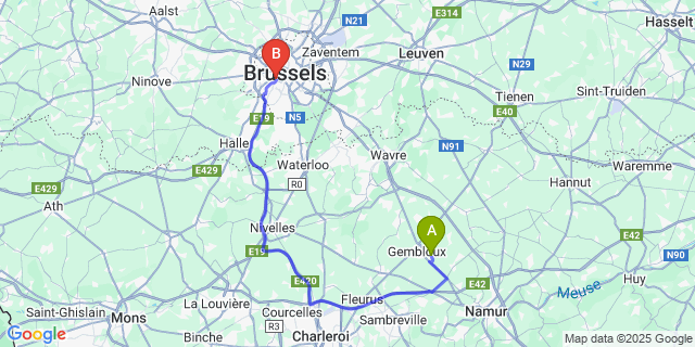 Map: Brussels Midi Train Station to Lonzée