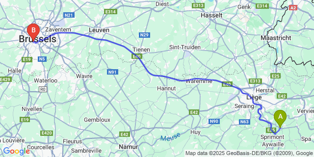 Map: Brussels Midi Train Station to Louveigné