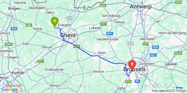 Map: Brussels Midi Train Station to Lovendegem
