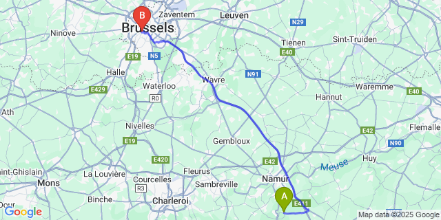 Map: Brussels Midi Train Station to Lustin