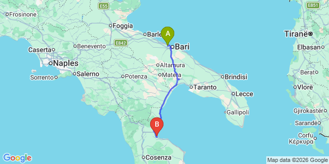 Map: Bari Airport (BRI) to Schiavonea