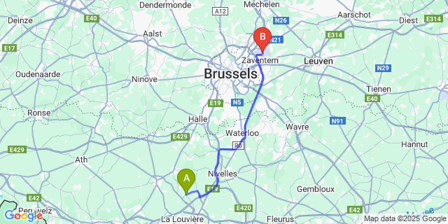 Map: Brussels Zaventem Airport (BRU) to Marche-Lez-Écaussinnes