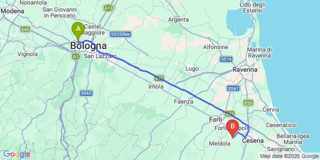 Map: Bologna Airport (BLQ) to Bertinoro