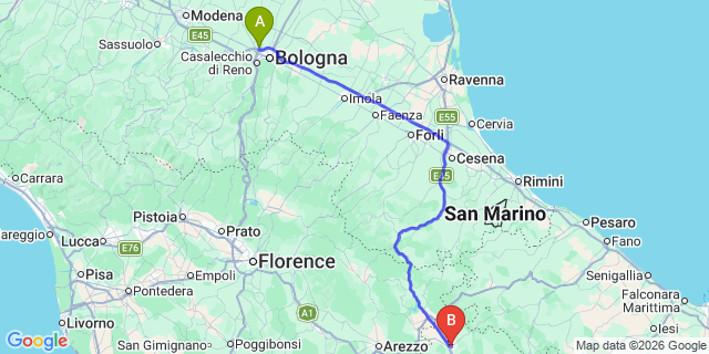 Map: Bologna Airport (BLQ) to Citta di Castello