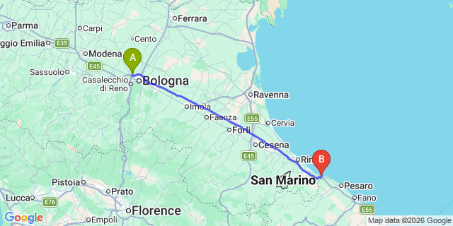 Map: Bologna Airport (BLQ) to Gabicce Mare