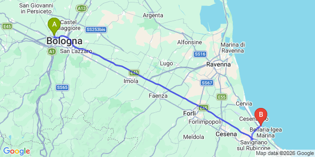 Map: Bologna Airport (BLQ) to Gatteo Mare