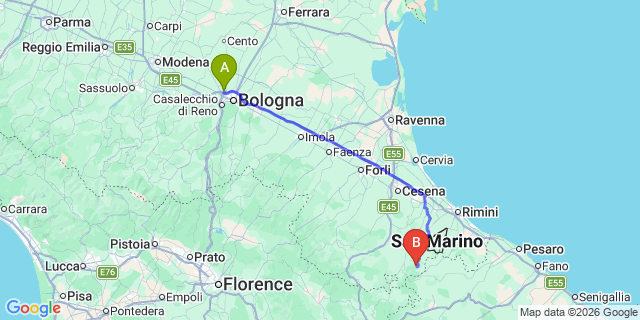 Map: Bologna Airport (BLQ) to Lago Villagrande