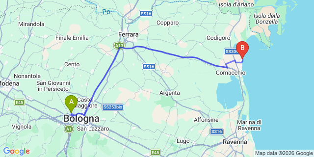 Map: Bologna Airport (BLQ) to Lido delle Nazioni