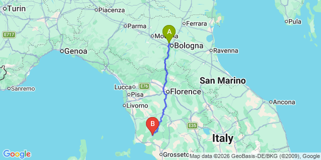 Map: Bologna Airport (BLQ) to Pian dei Mucini