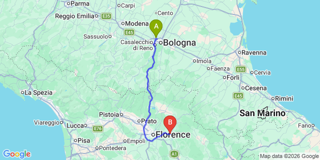 Map: Bologna Airport (BLQ) to Pontassieve