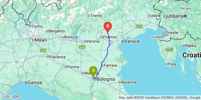 Map: Bologna Airport (BLQ) to Rovigo