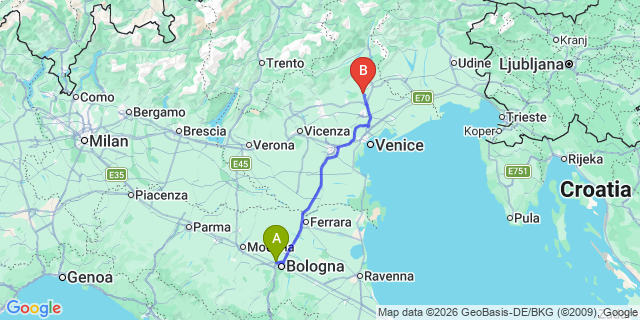 Map: Bologna Airport (BLQ) to Trevisio