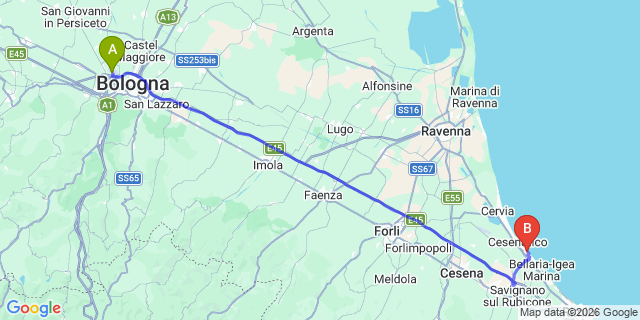 Map: Bologna Airport (BLQ) to Valverde di Cesenatico
