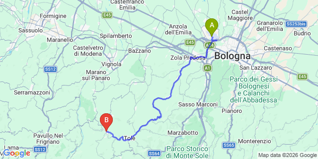 Map: Bologna Airport (BLQ) to Zocca