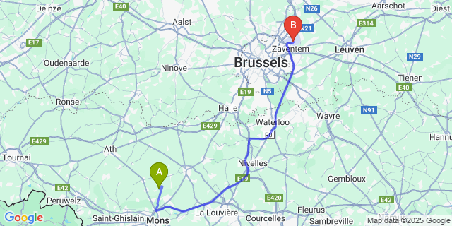 Map: Brussels Zaventem Airport (BRU) to Masnuy-Saint-Pierre