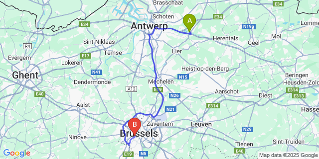 Map: Brussels Midi Train Station to Massenhoven