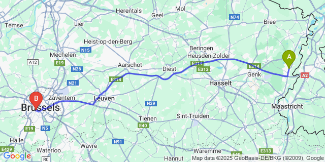 Map: Brussels Midi Train Station to Mechelen-Aan-De-Maas