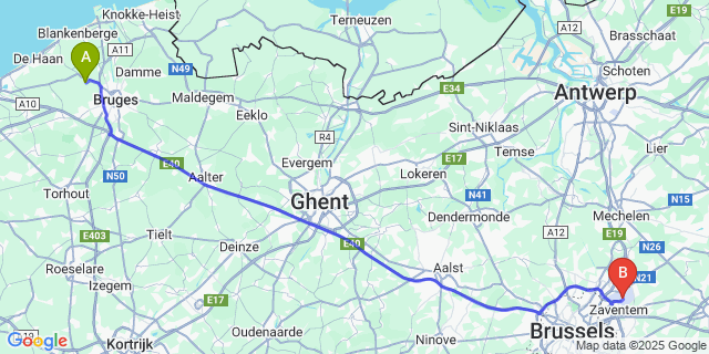 Map: Brussels Zaventem Airport (BRU) to Meetkerke