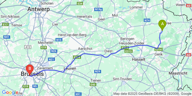 Map: Brussels Midi Train Station to Meeuwen