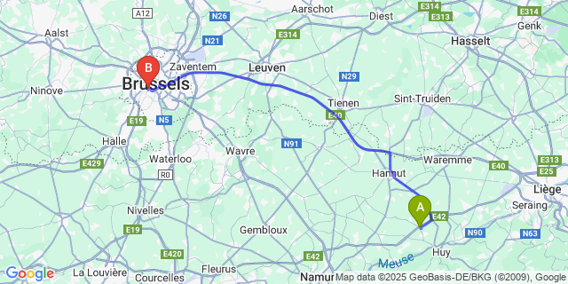 Map: Brussels Midi Train Station to Mehaigne