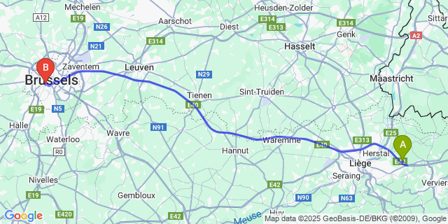 Map: Brussels Midi Train Station to Melen