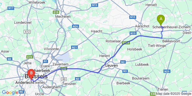Map: Brussels Midi Train Station to Messelbroek