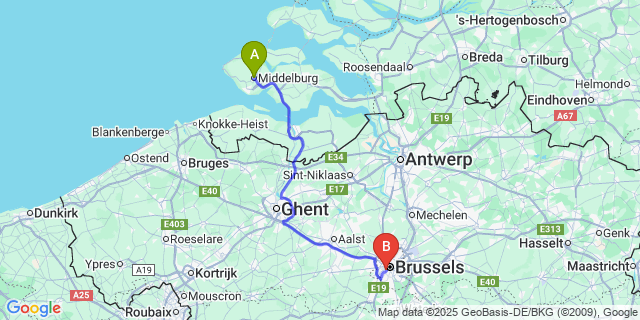 Map: Brussels Midi Train Station to Middelburg