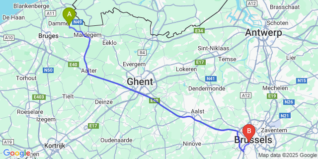 Map: Brussels Midi Train Station to Moerkerke