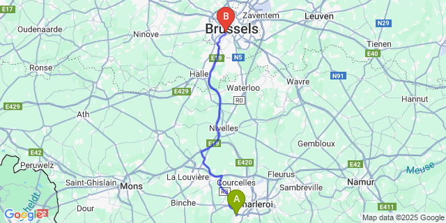 Map: Brussels Midi Train Station to Montigny-Le-Tilleul