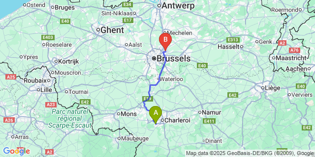 Map: Brussels Zaventem Airport (BRU) to Montigny-Le-Tilleul
