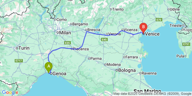 Map: Genoa Airport (GOA) to Venice city (all areas)