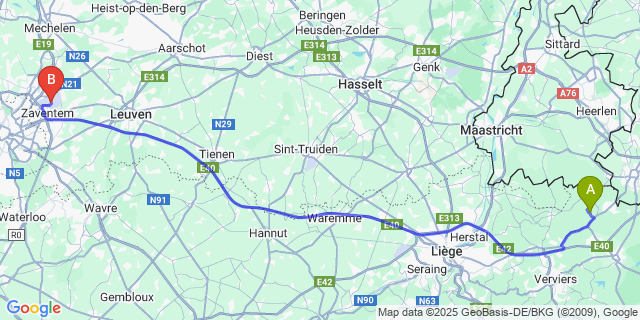 Map: Brussels Zaventem Airport (BRU) to Montzen