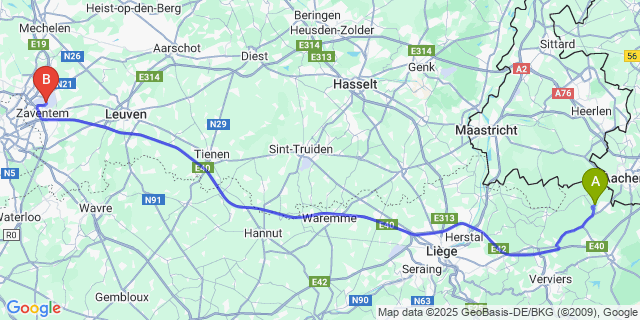 Map: Brussels Zaventem Airport (BRU) to Moresnet