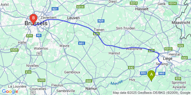 Map: Brussels Midi Train Station to Nandrin